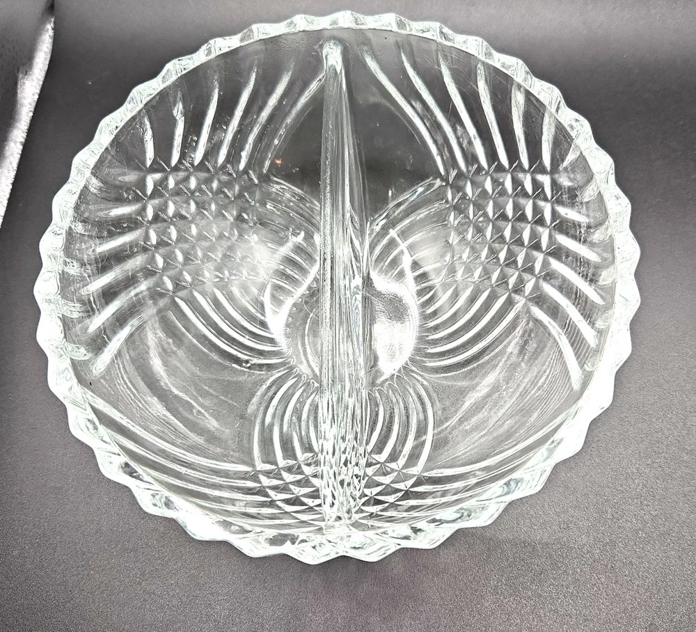 Vintage Clear Glass Oval Divided Relish Candy or Nut Dish Scalloped Ribbed Swirl